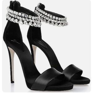 Giuseppe Zanotti Silver Crystal Embellished Heels Black Leather Sandals Shoes